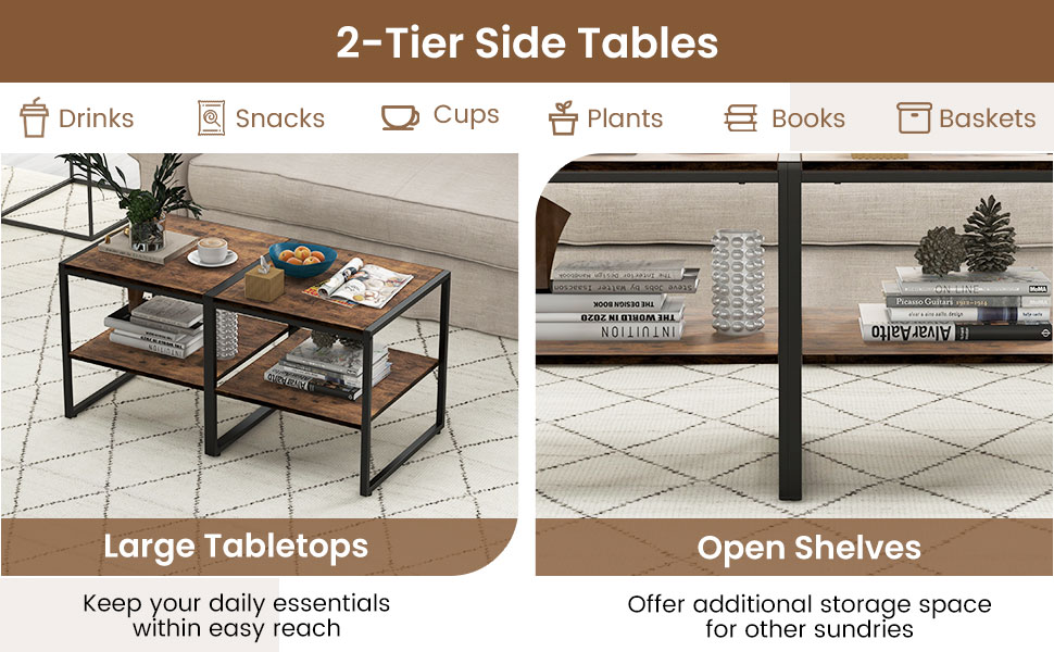 2 Pieces Industrial 2-Tier Side Table Set with Open Shelf